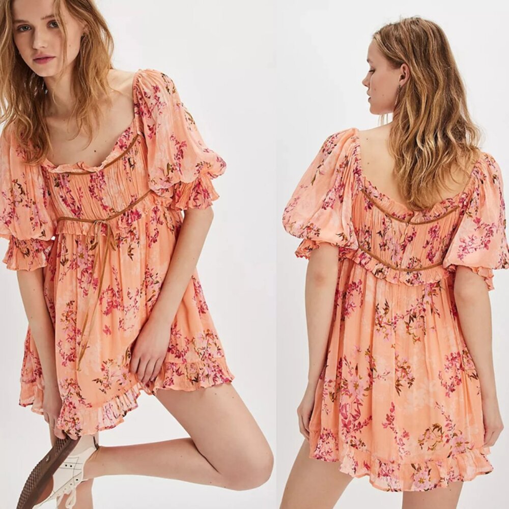 NEW Free People Marney Mini Dress Peach Combo Babydoll Puff Short Sleeve